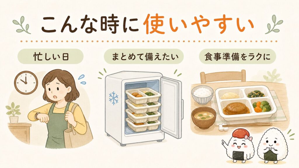 冷凍宅配ごはんが使いやすい場面の図。忙しい日、まとめて備えたいとき、食事の準備の負担を減らしたいとき