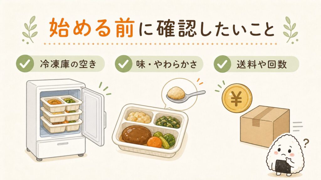 始める前に確認したいことの図。冷凍庫の空き、味とやわらかさ、送料や回数