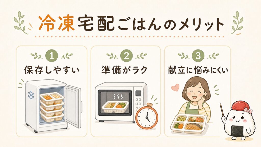 冷凍宅配ごはんのメリットの図。1保存しやすい、2準備の手間が少ない、3献立に悩みにくい