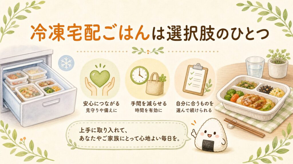 冷凍宅配ごはんは選択肢のひとつという図。安心につながる見守りや備えに、手間を減らして時間を有効に、自分に合うものを選んで続けられる