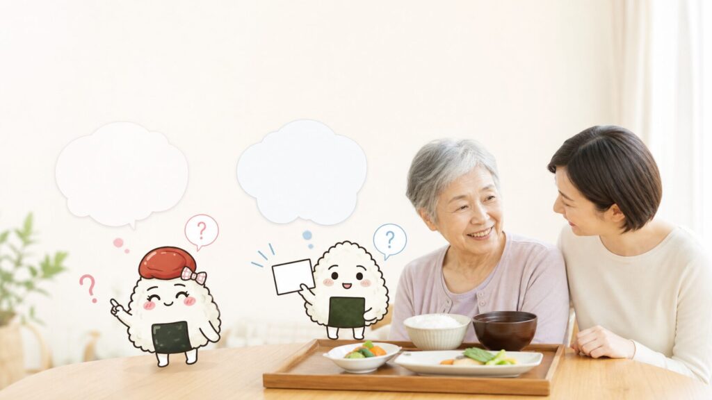 食卓に着いた高齢の女性と娘が、食事のことを話している写真