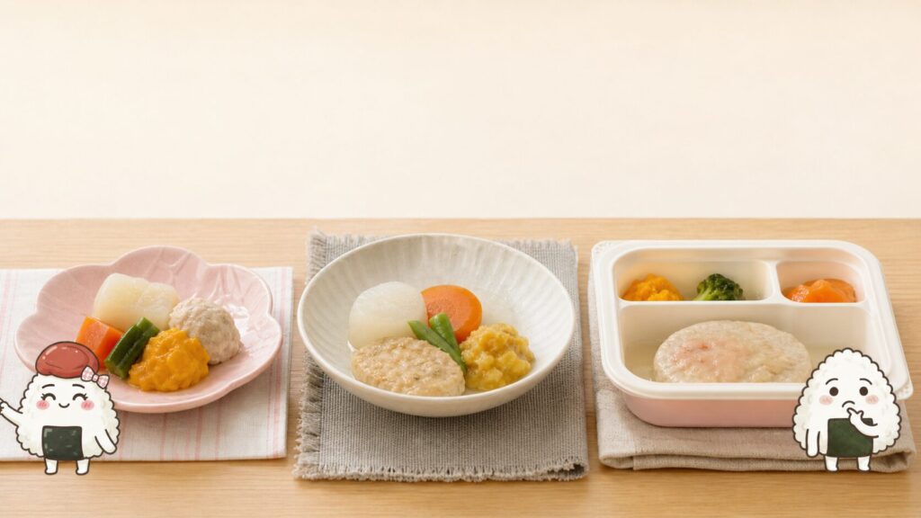 やわらかく調理した主菜の皿、おかゆと煮物の器、仕切り付きの冷凍宅配弁当を並べた写真