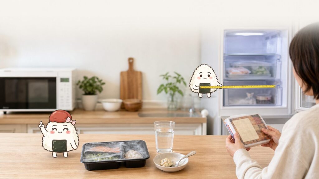 冷凍庫の引き出しを開けたところと、テーブルに置かれた冷凍弁当のトレー。何食分置けるかを確かめている場面