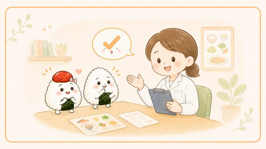 白衣を着た相談員が、資料を見せながら介護ごはんの悩みに答えているイラスト