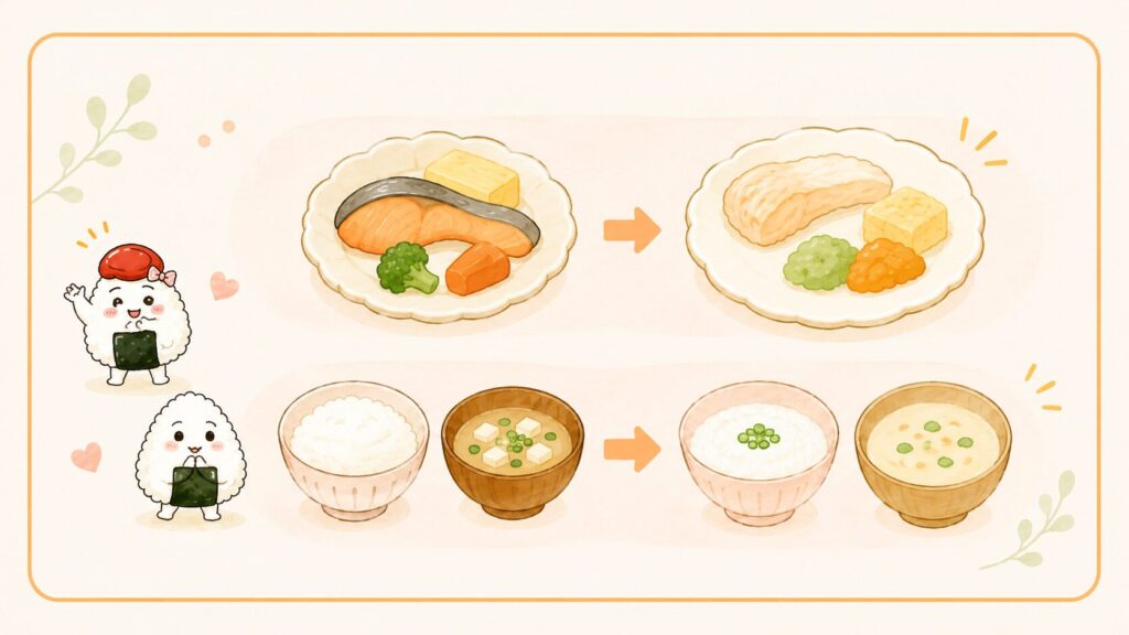 普通のごはんから介護ごはんへの変化を表したイラスト。焼き魚の定食はやわらかい魚と卵の料理に、白いごはんと味噌汁はおかゆと具を細かくした汁物に変わっている