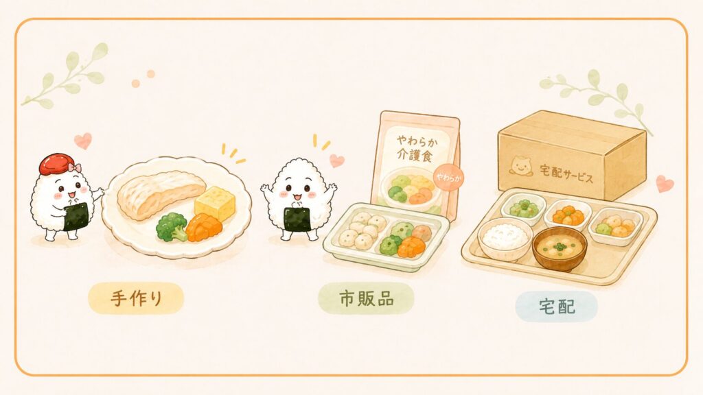 介護ごはんの3つの選び方のイラスト。手作り、市販品のやわらか介護食、宅配サービスの箱と食事