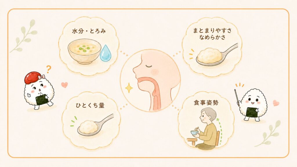 食事介助で気をつけたい4つのポイントのイラスト。水分ととろみ、まとまりやすさとなめらかさ、ひとくち量、食事姿勢。のどの断面図と、椅子に座って食事する高齢者が描かれている