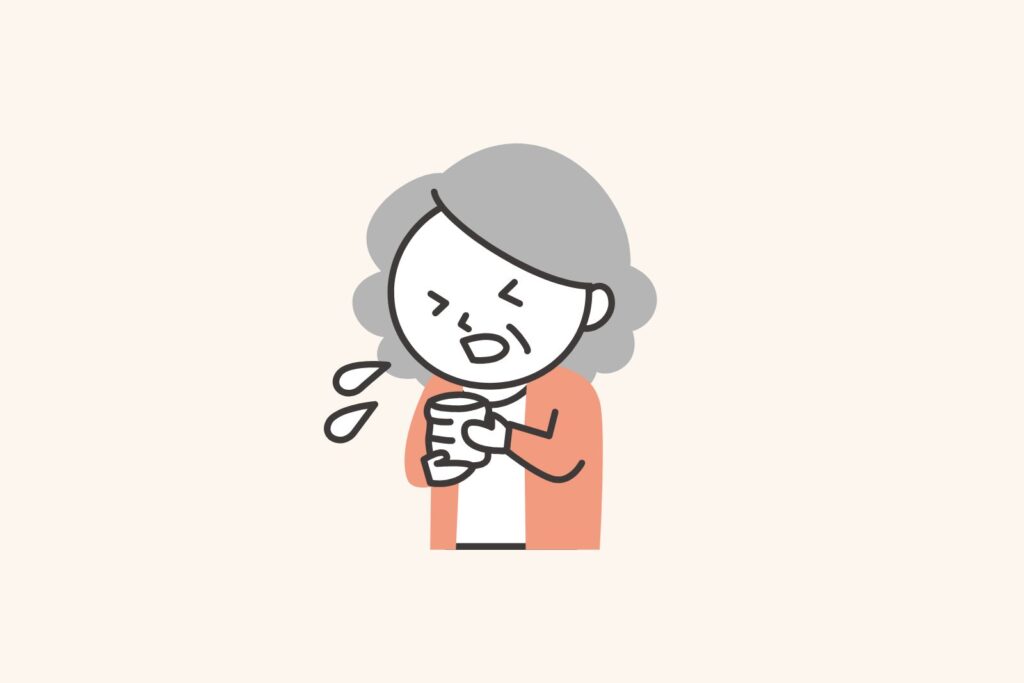むせることが増えていないか確認する。飲み物でむせる高齢女性のイラスト