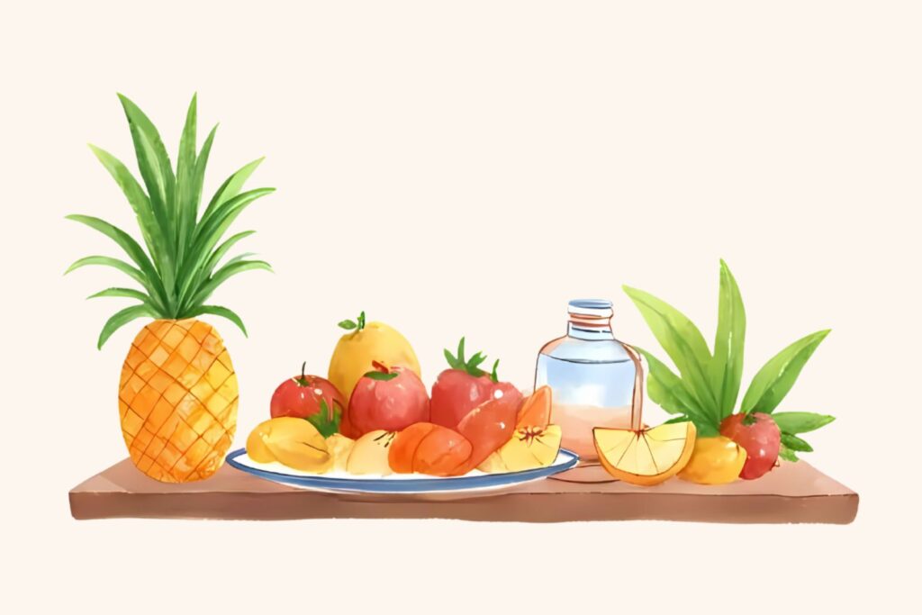 果物は食べるまでの手間も考える。パイナップルやりんごを並べた水彩イラスト
