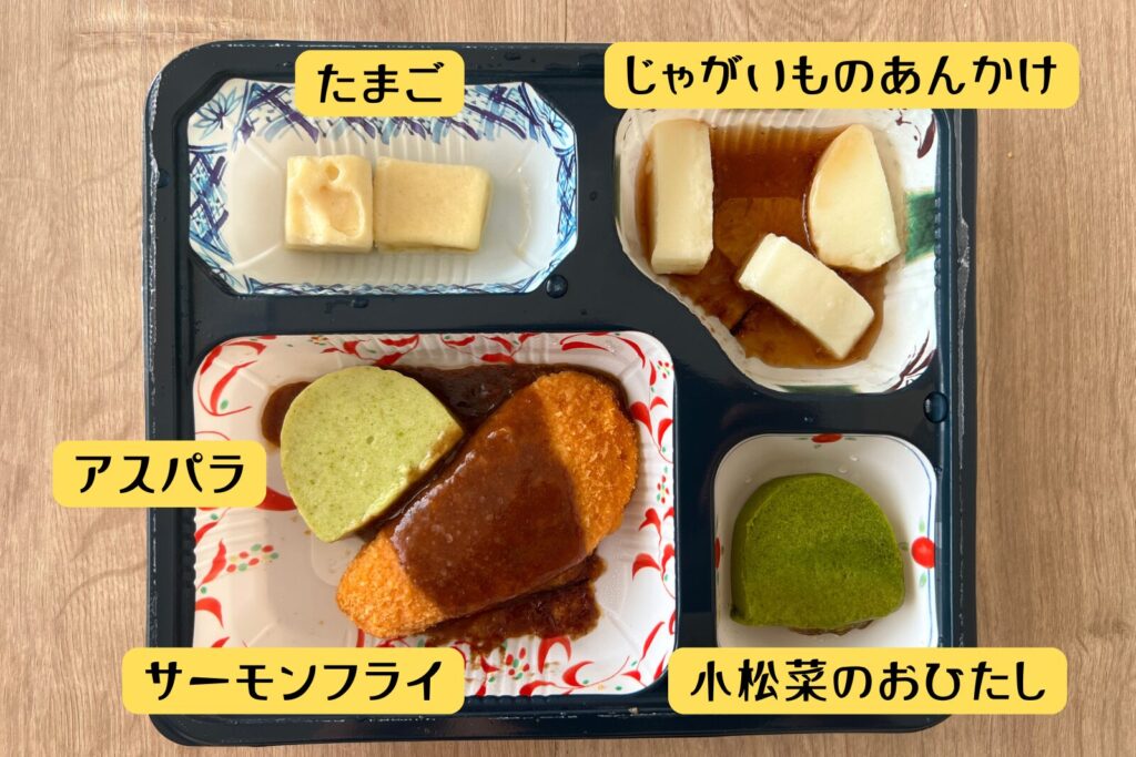 ムース食サーモンフライの中身。サーモンフライ、アスパラ、たまご、じゃがいものあんかけ、小松菜のおひたしの5品に名前を付けた図