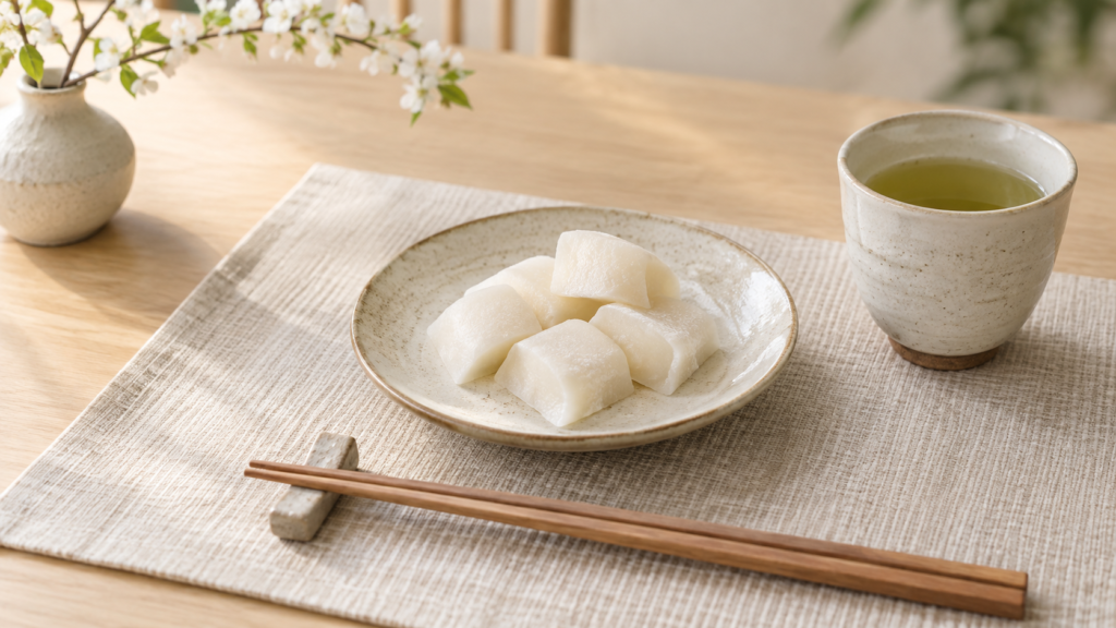 小さく切った白いお餅を盛った小皿と、湯のみに入ったお茶