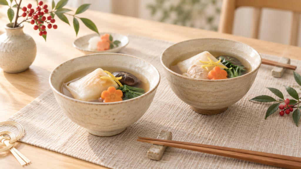 お正月の食卓に並んだ、お餅入りのお雑煮が2杯