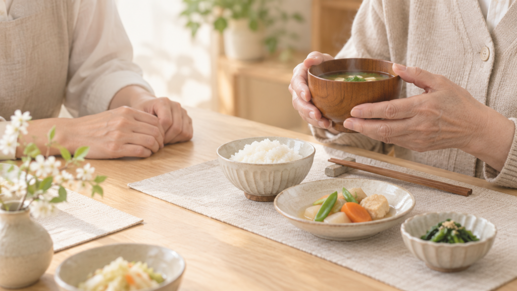 食卓でお椀を持つ高齢者の手と、向かいで見守る家族の手